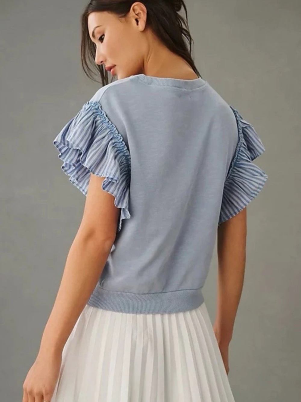 Anthropologie Pilcro Chambray Flutter-Sleeve Sweatshirt Tee 2X 100% Cotton - Picture 3 of 7